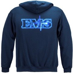 Navy blue hoodie with "EMS" in blue glowing text on the back