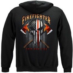 Black firefighter hoodie with a skull, American flag, and crossed fire axes design on the back, available at EMSShirts.com