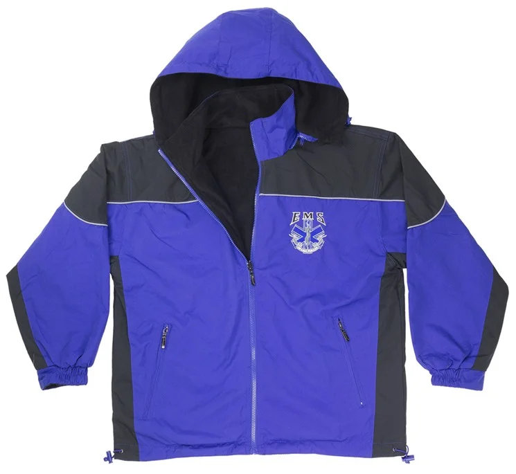 Blue and black EMS windbreaker jacket with an embroidered emblem, available at EMSShirts.com